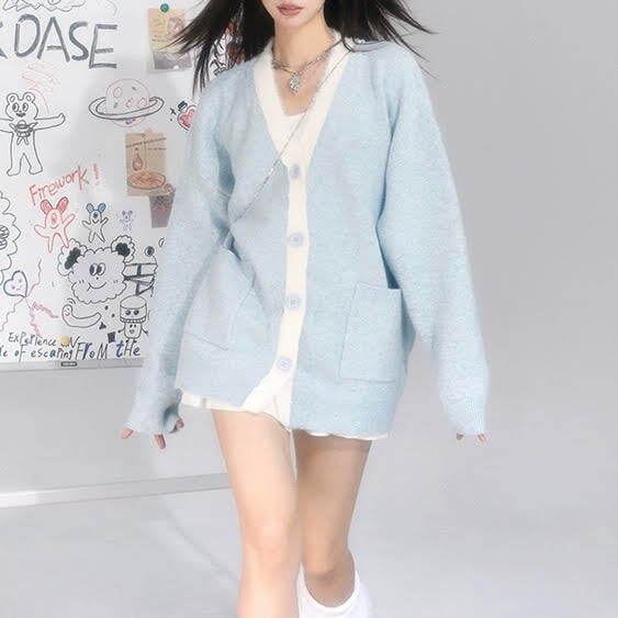 ルーズカーディガン バイカラーカーディガン 水色カーディガン 水色 カーディガン 水色 ニット カーディガン ライトブルー 韓国 オルチャン レディース カーディガン水色