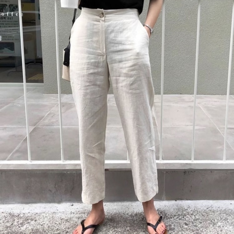 レディース パンツ ボトムス ワイドパンツ ロング 8分丈 9分丈 クロップド丈 ワイド ストレート ルーズフィット ファスナー ポケット ハイウエスト ウエストゴム リネン 綿 コットン 麻