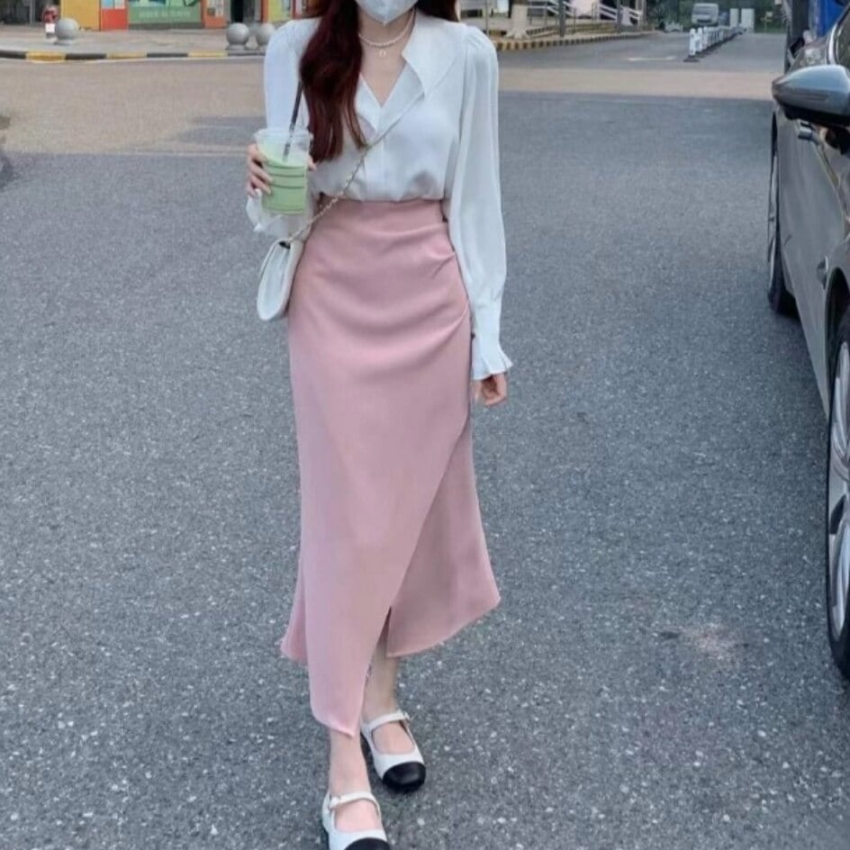 トップス スカート デート かわいい 大人可愛い きれいめ シンプル カジュアル 大人 上品 長袖 シャツ 襟付き ロング丈 スリット スカート 無地 休日 オルチャン 韓国 春 夏 着回し セット
