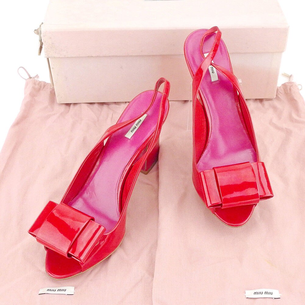 パンプス シューズ 靴 リボンモチーフ 37ハーフ オープントゥ レッド系 中古