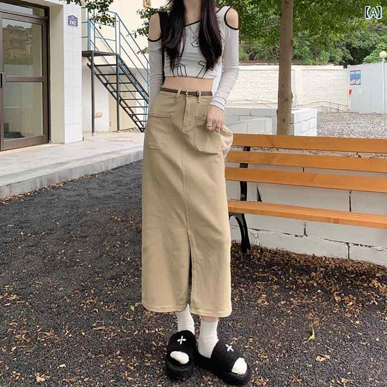 デニムスカート ロング aライン レディース かわいい おしゃれ カジュアル レジャー レトロ 夏 ハイウエスト スリット ミドル丈 カーキ 緑