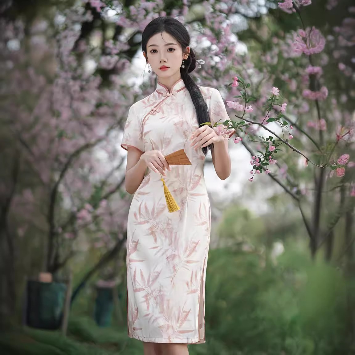 2024春夏改良版桃と竹文学チャイナドレス新風デイリースリム