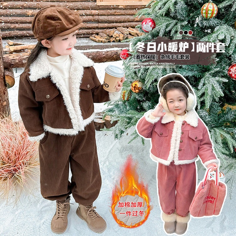 女の子肥厚スーツ秋冬 2024 新しい子供冬服洋風キルティングベビー綿コートと綿パンツ 2 点セット