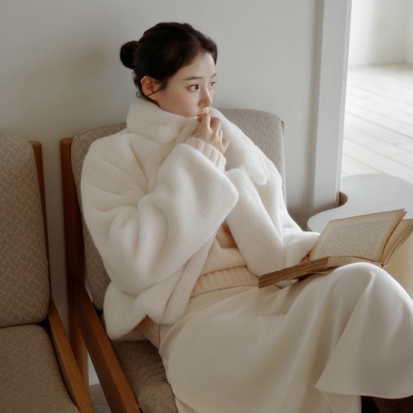 （MADE／ブランドクオリティ／毛抜けなし）襟付き 比翼ホック ミニファージャケット 韓国アウター jk2996