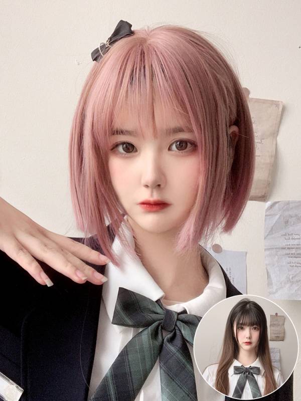 韓国 Bobo かわいい 女 かつら ショート ぱっつん フルウィッグ 小顔 耐熱 高品質 かっこいい ピンク ストア Cos J145