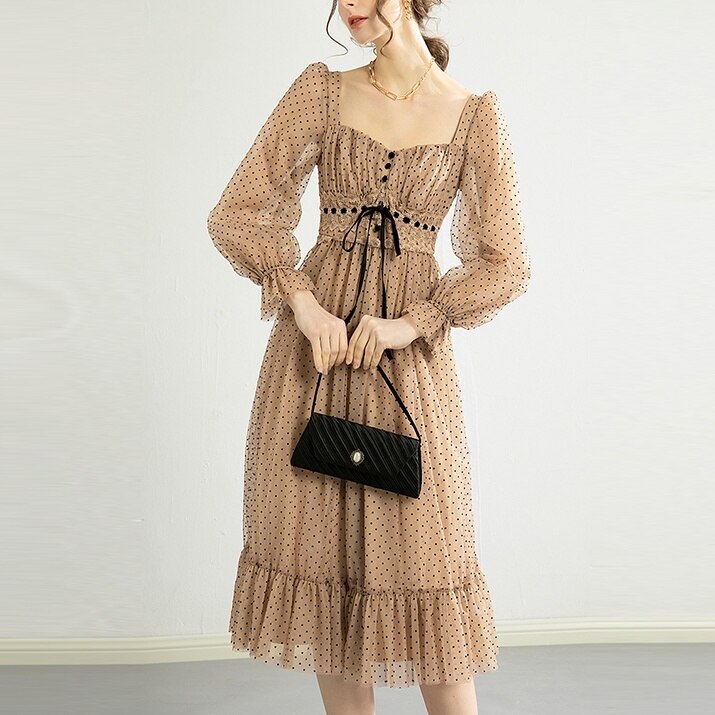 ワンピース 長袖 秋 春夏 きれいめ かわいい フレア フレアスカート 膝下 ミモレ丈 ぽわん袖 萌袖 スクエアネック 襟なし フレア セミフレア ストレート シフォン ふわふわ 透け感 ベージュ S