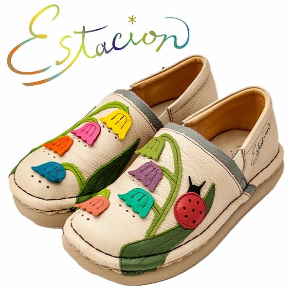 estacion エスタシオン TGE492 レディース シューズ 本革 お花モチーフ てんとう虫 スリッポン コンフォートシューズ クッションインソール 中敷ふかふか 新作 カラフル サイドにゴム