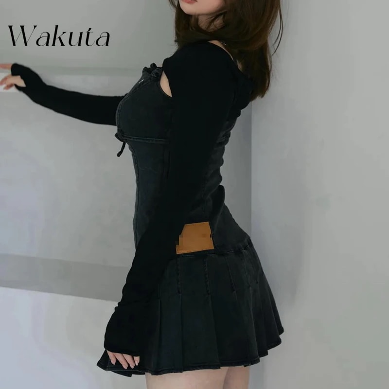 WAKUTA 和風早春エレガント U ネック長袖スリムフィットブラウスシックなデニムキャミソールドレスレトロ 2 点セット Платье - 200000345