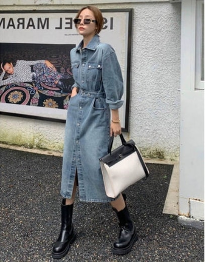 ワンピース デニムワンピース 膝丈 ひざ丈 膝下 ミディアム丈 袖あり 長袖 襟付き かわいい 大人可愛い シンプル カジュアル 大人 上品 おしゃれ お洒落 大人可愛い 大人女子 こなれ感 ラフ