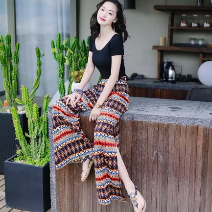 パンツ ワイドパンツ ロング ワイド スリット サイドスリット ハイウエスト 異国風 かわいい 大人可愛い カジュアル おしゃれ かっこいい レトロ アジアン エスニック エキゾチック こなれ感 ラフ
