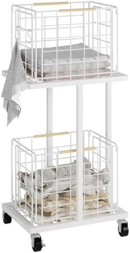 2段式ランドリーバスケット キャスター付き 大容量 ワイヤー製 取っ手付き S字フック付き ホワイト スリム省スペース 簡単組み立て