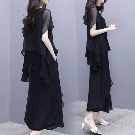 セットアップ セットアップ ブラウス ワイドパンツ ロング ロング丈 袖あり 半袖 ラウンドネック シフォン ハイウエスト 上下セット 2点セット ツーピース かわいい 大人可愛い きれいめ シンプル