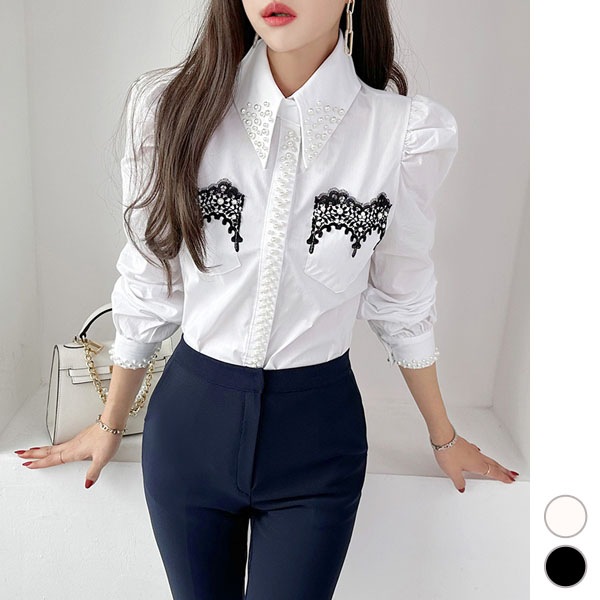 ブラウス レディース 長袖 刺繍 レース 襟付き シャツ トップス パブスリーブ パール 上品 おしゃれ きれいめ 秋 冬 春 韓国 to26908