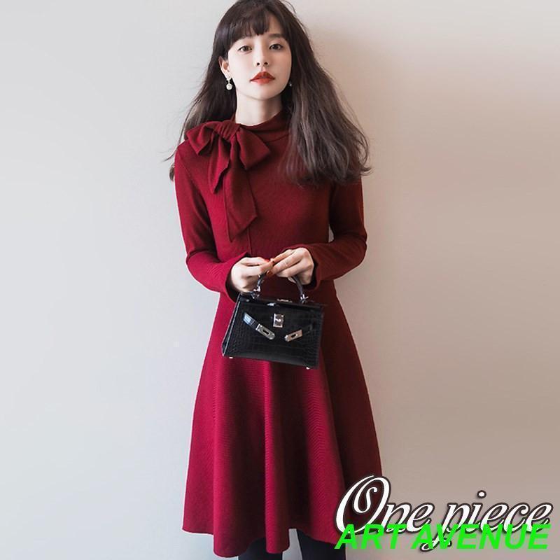 年末メガセール ワンピース 秋服 春 冬 春 ひざ丈 ニット セーター ドレス レッド レディース 長袖 カジュアル Aライン キレイめ おしゃれ 韓国 卒業式 服 母 着痩せ 通勤 OLワンピース