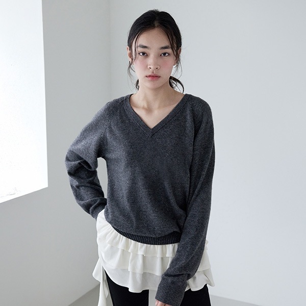 WOOL BLENDED V NECK BASIC KNIT GRAY