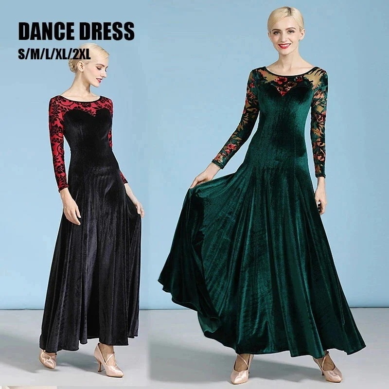 即纳2XL XL L M S 祭り 発表会 パーティ イベント 忘会 ステージ 舞踏会 長袖 花柄 グリーン ブラック 大きい裾 豪華 おしゃれ ベルベット ワルツ ダンスドレス ダンス服 社交ダンス