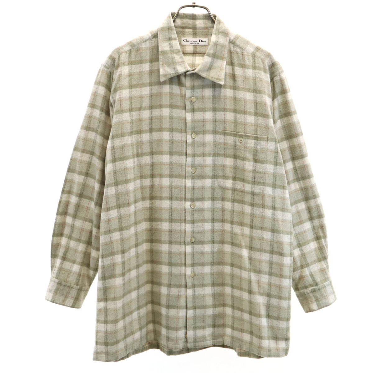Christian Dior MONSIEUR クリスチャンディオール ムッシュ 90s オールド チェック柄 長袖 ネルシャツ LL グリーングレー系 メンズ 古着