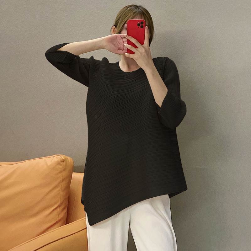 トップス シャツ ブラウス 春 秋 冬 七分袖 ラウンドネック フレア ブラック グレー ブルー 無地 フリーサイズ オフィス 学校 大学 パーティー イベント リゾート ガーデン 外遊び 体型カバー