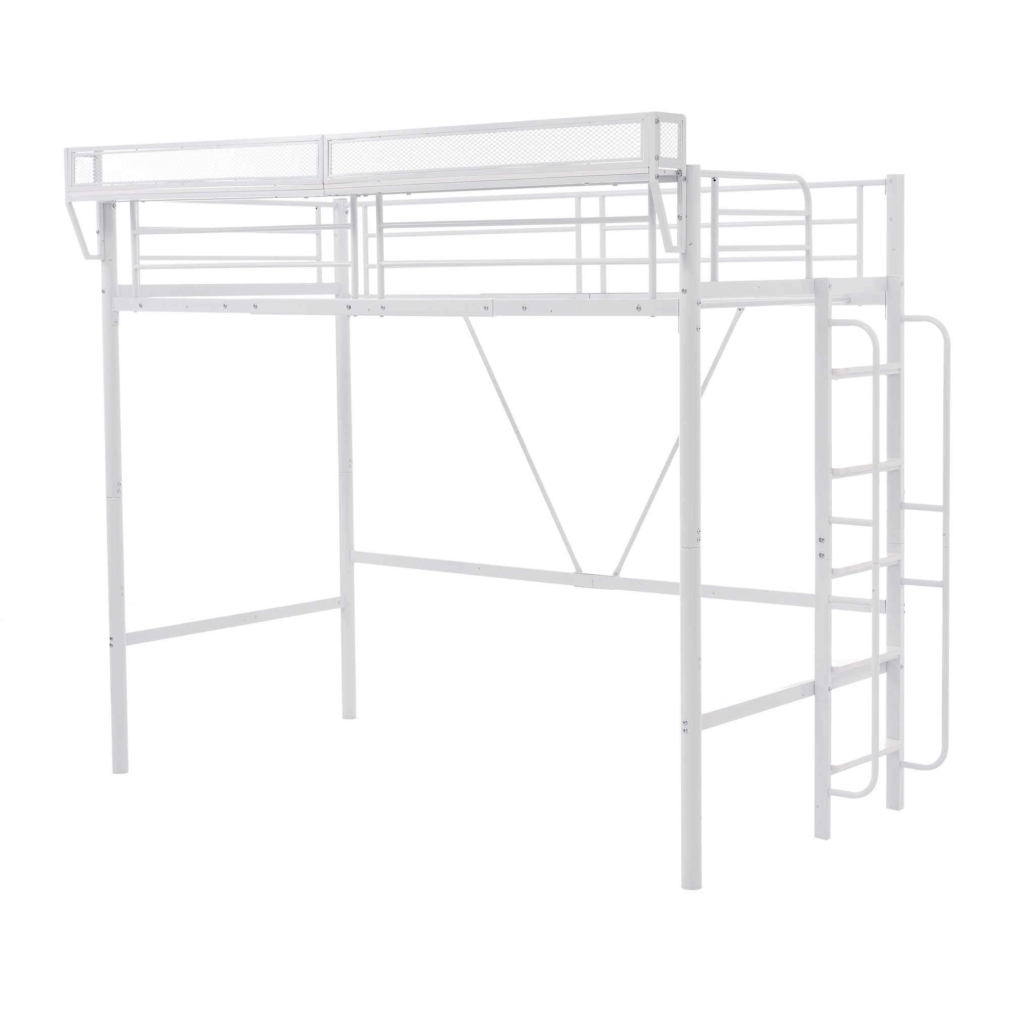 62【ホワイト】システムベット 宮棚　ロフトベッド シングル 手すり付き階段 便利な側面収納 北欧風 大人用　 スチール 耐震70