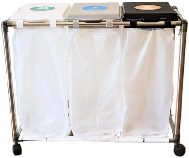 ゴミ袋ホルダー (グレー) 分別 ゴミ箱 キャスター付き ごみ箱 ダストワゴン 蓋付き ゴミ袋スタンド スリム 縦開き　ダストボックス レジ袋 ポリ袋 エコ ステンレス製 分別シール付 30L×3分別