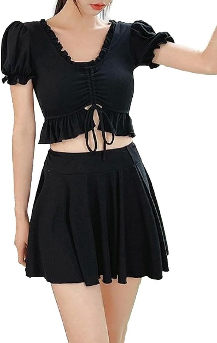 水着 レディース ビキニ 3点 セット スカート フリル スイムドレス Uネック 半袖 パッド入り ワイヤーなし EF1( ブラック, XL) 4,817円