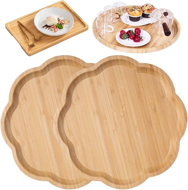 竹製トレー カフェトレー 大型サイズ 業務用 家庭用 配膳 茶道 お茶 ランチ トレイ 洗える(ブラウン（雲柄）, Lサイズ（30cm2枚）)