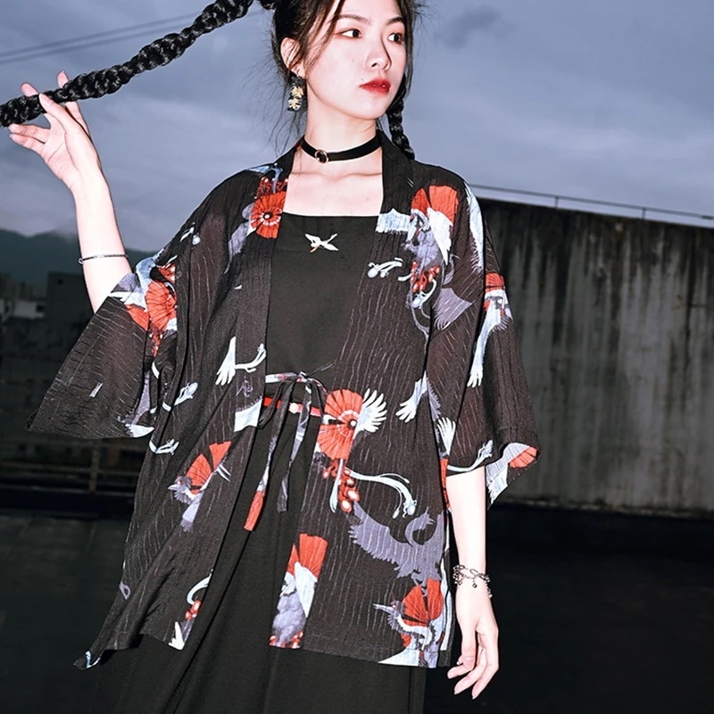 カーディガン 夏 ゆったり uvカット 半袖 レディース 姑獲鳥プリント 和風トップス 羽織りシャツ