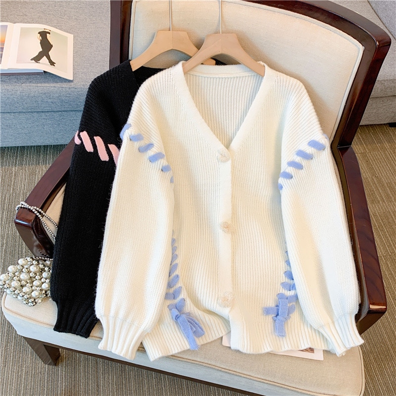 トップス アウター カーディガン 袖あり 長袖 Vネック リボン 大人可愛い カジュアル おしゃれ お洒落 こなれ感 ラフ ラブリー キュート 個性的 秋 冬 2023 10代 20代 30代