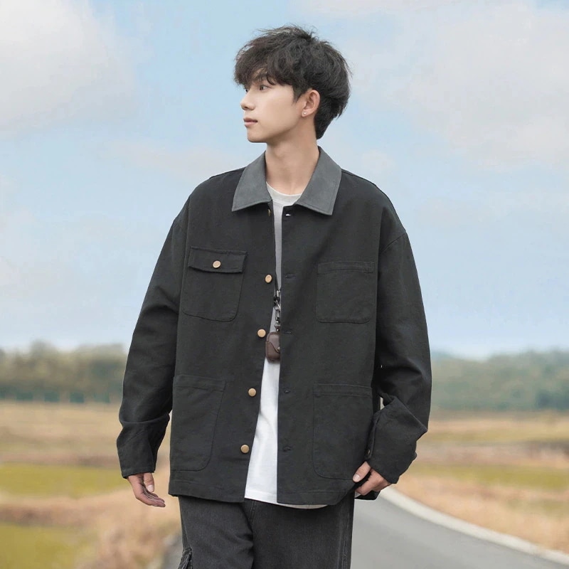 秋トレンチコート多ポケット工装デトロイトジャケット秋ステッチデザインレトロゆるいカジュアルカップルコート30%制限