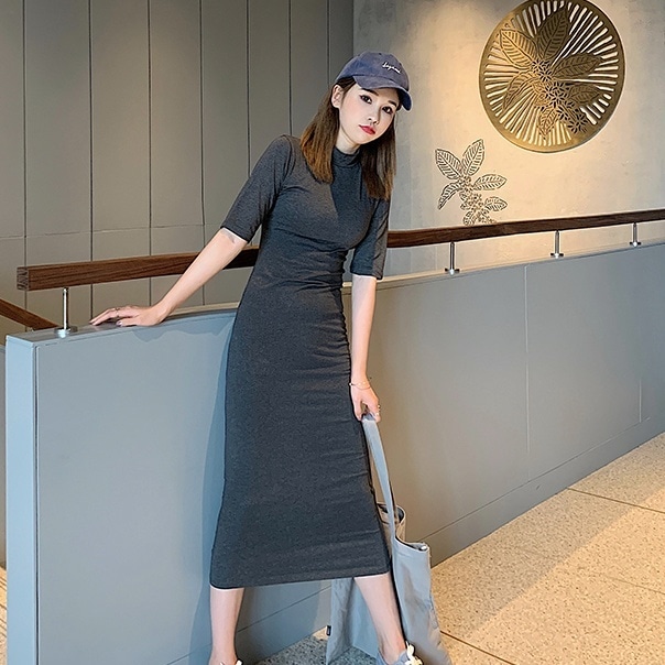 ワンピース ミモレ丈ワンピース タイトワンピース 5分袖 ハイネック ミモレ丈 タイト かわいい 大人可愛い きれいめ シンプル 上品 おしゃれ 大人女子 レトロ こなれ感 個性的 主役級 存在感