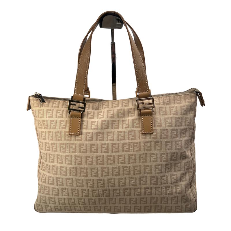 FENDI フェンディ ズッキーノ ロゴ キャンバス ハンドバッグ ベージュ A-12636