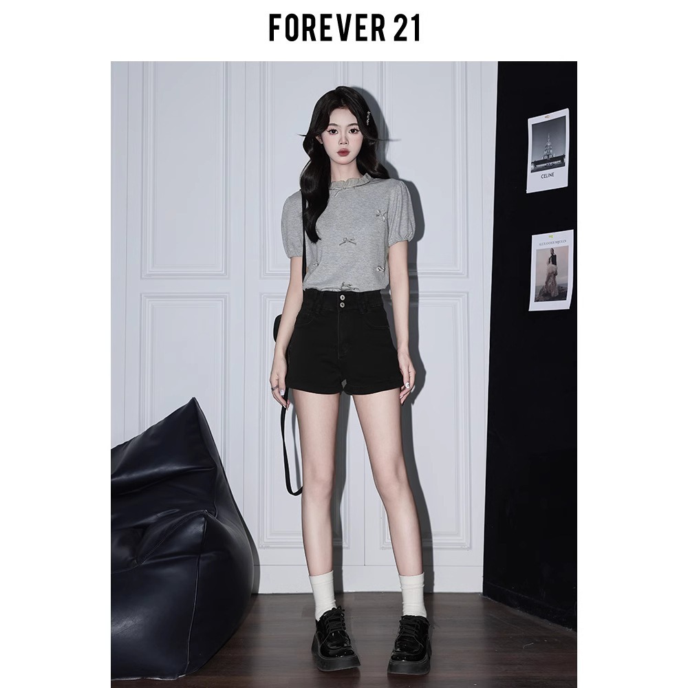 Forever21 アメリカンスタイルのホットガール ブラック ハイウエスト デニム ショートパンツレディース夏デザインA ライン 洋ナシ型ボディコン ホットパンツ