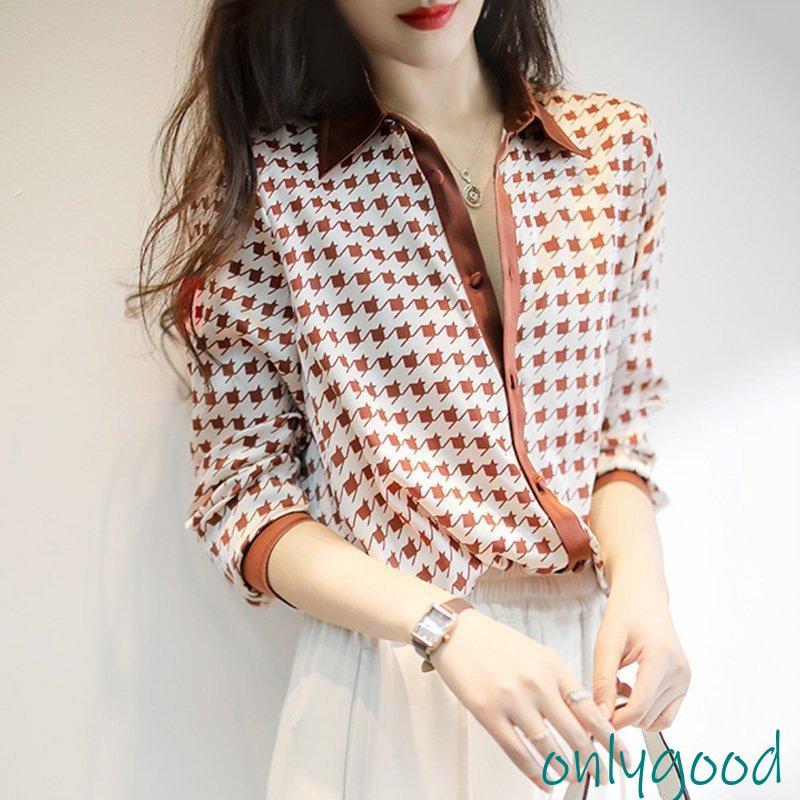 ブラウス レディース 40代 新作 オシャレブラウス レションシャツ 長袖トップス 千鳥格子 折り襟ブラウス 大人 上品 通勤L ゆったり T