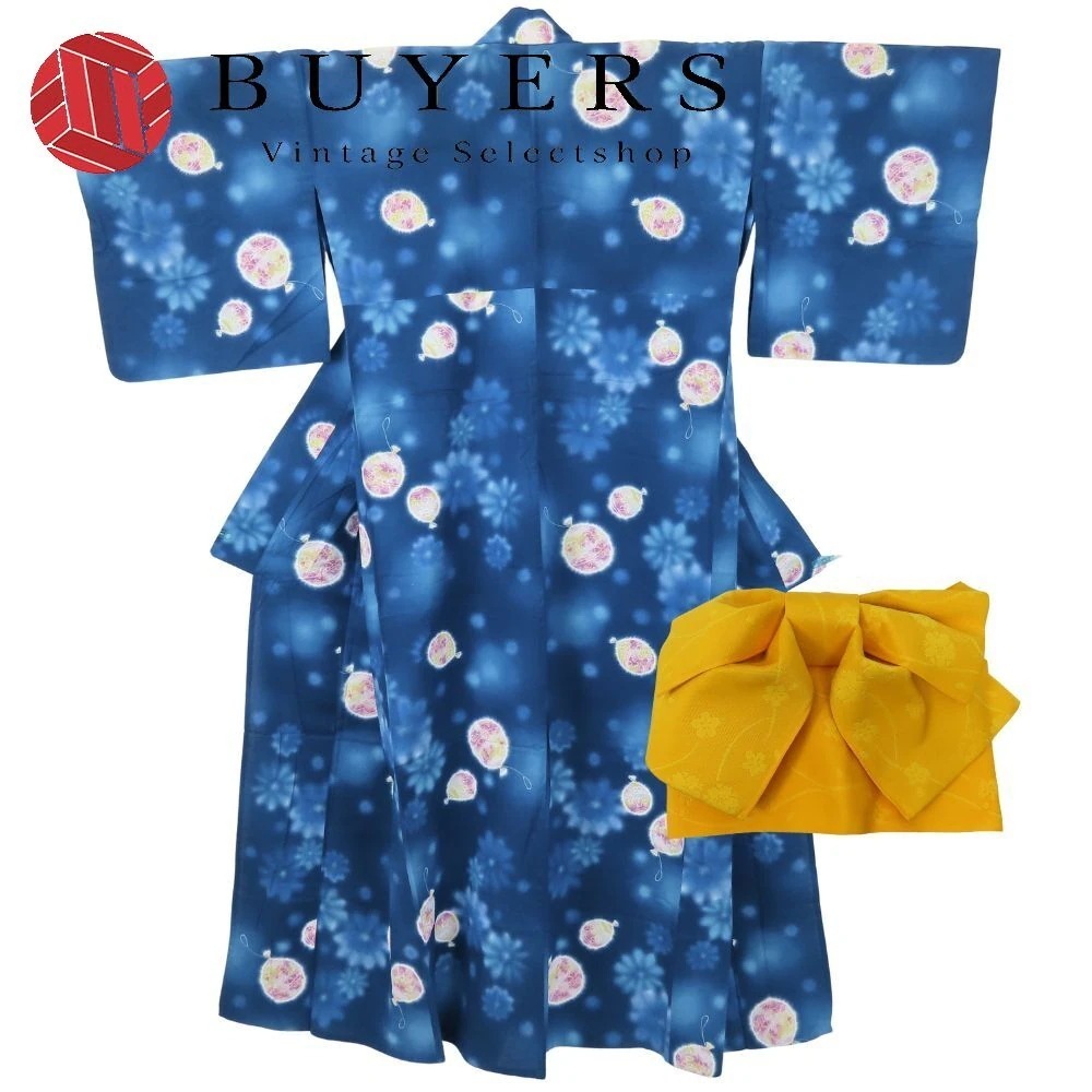 中古 浴衣 セット 作り帯 綿 ポリエステル ブルー系 イエロー ナカノヒロミチ 半巾帯 リボン 和装 呉服 和服 きもの レディース 女性
