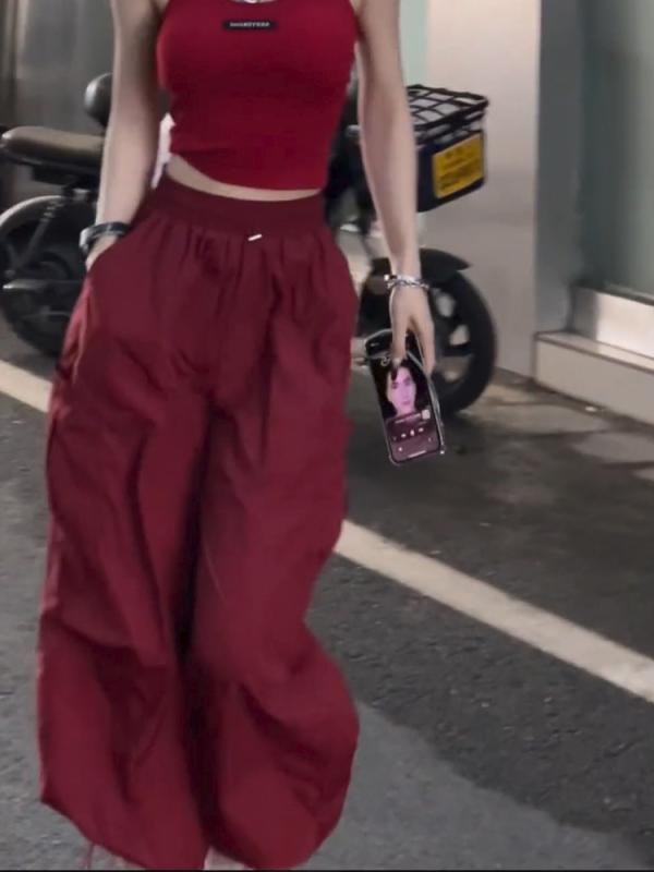 レディース ファッション オシャレ カワイイ シンプル 人カワイイ きいサイズ ストレッチ ウエストドローストリング レッグ バインディング レッド カジュアル パンツ ハイウエスト 九分丈 ワイド 5,246円