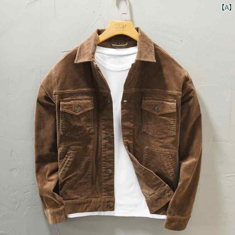 コーデュロイ ジャケット メンズ アウター リネン レトロ ワークウェア 大きいサイズ カジュアル コート 茶 ベージュ トップス