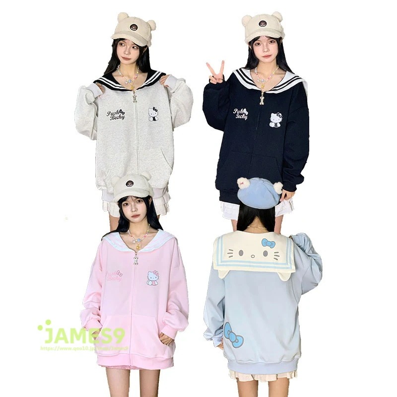 ハローキティ日系パーカー 秋ア今週の割引は 25% オフですウター スウェットパーカー レディース セーラー襟 可愛い ジップパーカー カジュアル ジップアップ ジッパー スウェット 長袖