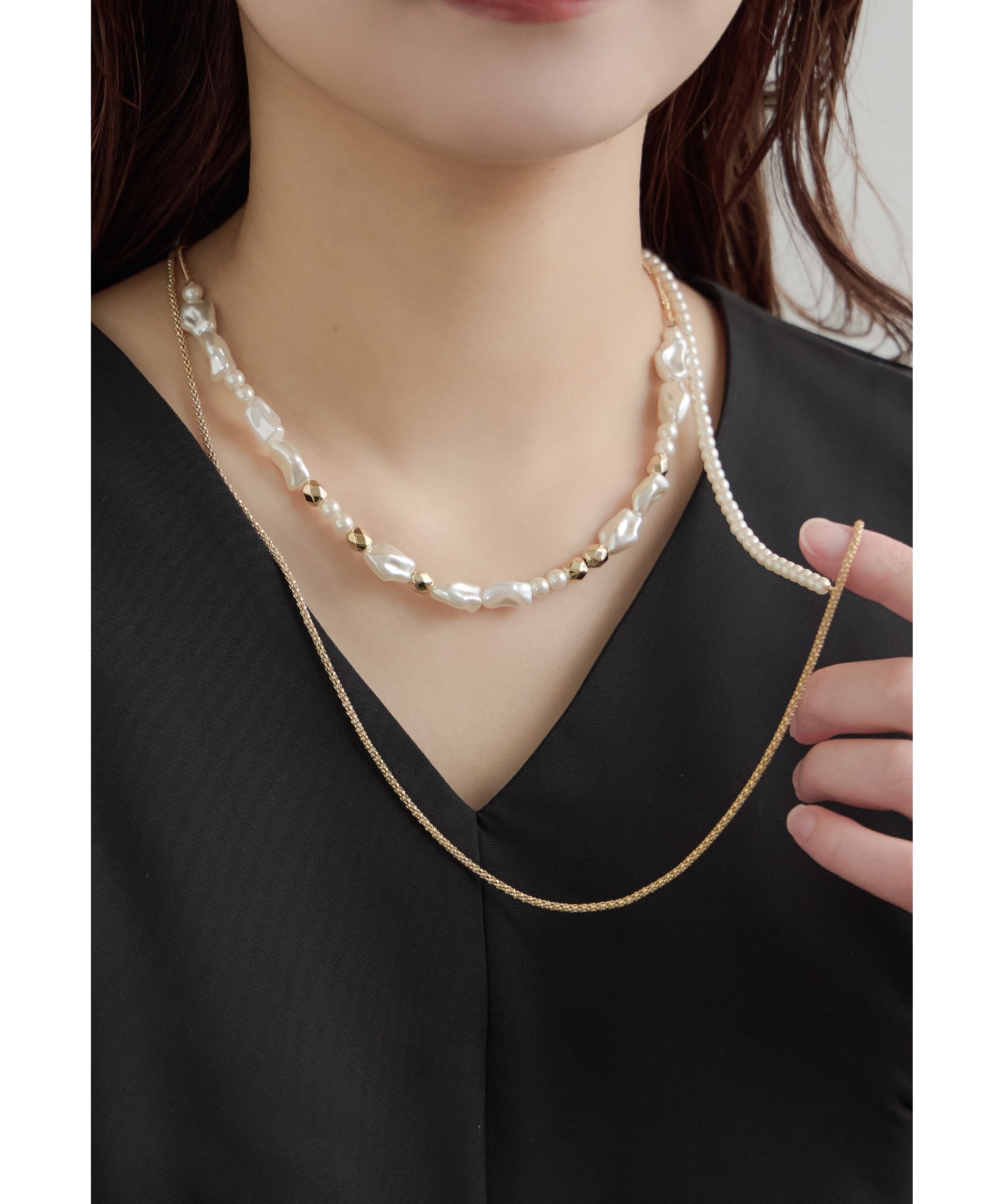 パールチェーン2連ネックレス レディース アクセサリー ロング レイヤード スネークチェーン 小粒パール ゴールド フォーマル 普段使い パーティー 結婚式 セレモニー 入学式 卒業式 成人式