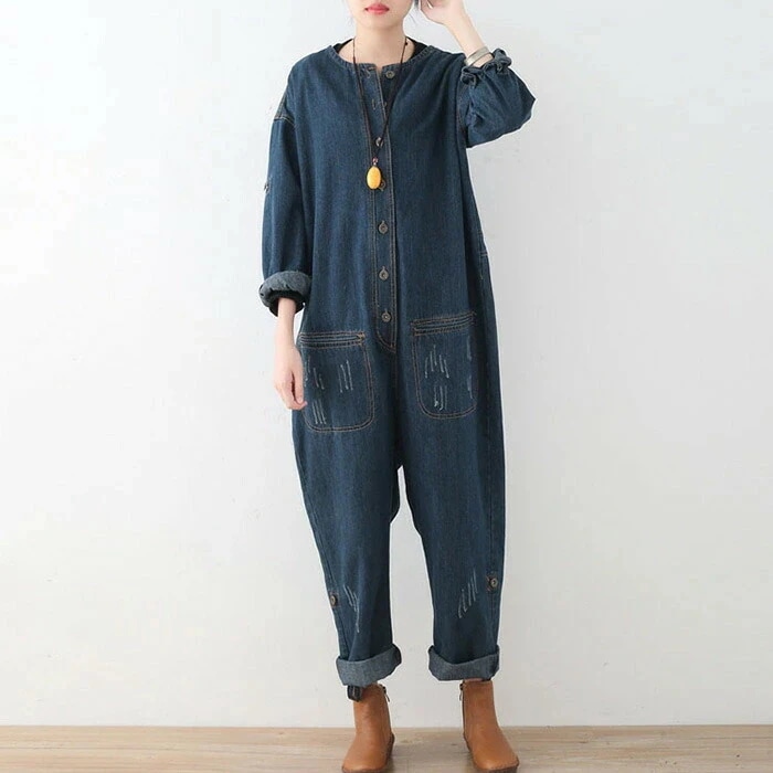 デニム　つなぎ　レディース　デニム　オールインワン　デニムパンツドレス　連体服　パンツドレス　オーバーオール　デニムオールインワン　長袖　ロングパンツ　マキシ丈　ツナギ サルエル 古着風 マタニティ