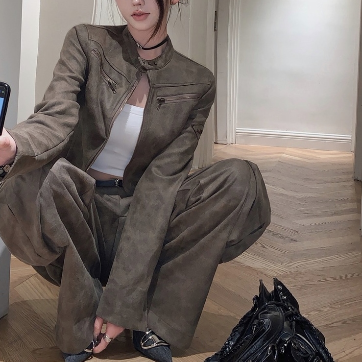 韓国デザイン 秋物新作ショート丈ライダースコート着+ハイウエストカジュアルズボン