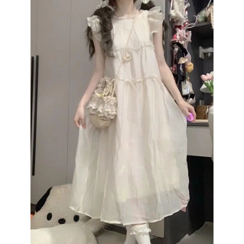 【1つ買うと10つ無料】甘い気質小さな飛ぶ袖のドレス夏の女子学生夏のゆるい木材耳のプリンセススカート