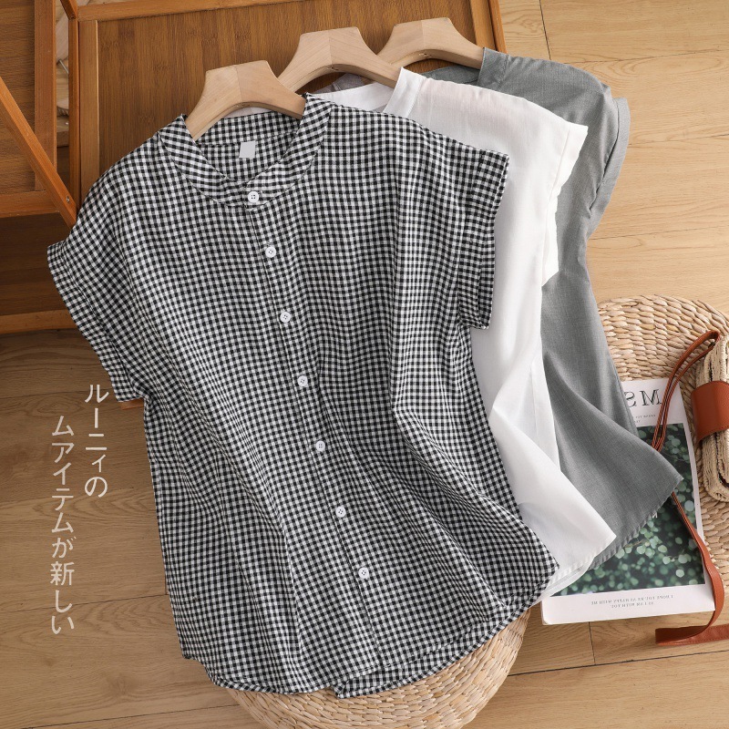 【1つ買うと10つ無料】3色のソリッドカラー女性のためののスタンドカラーシャツ2025夏の夏のゆるい快適なカジュアルノースリーブトレンディ