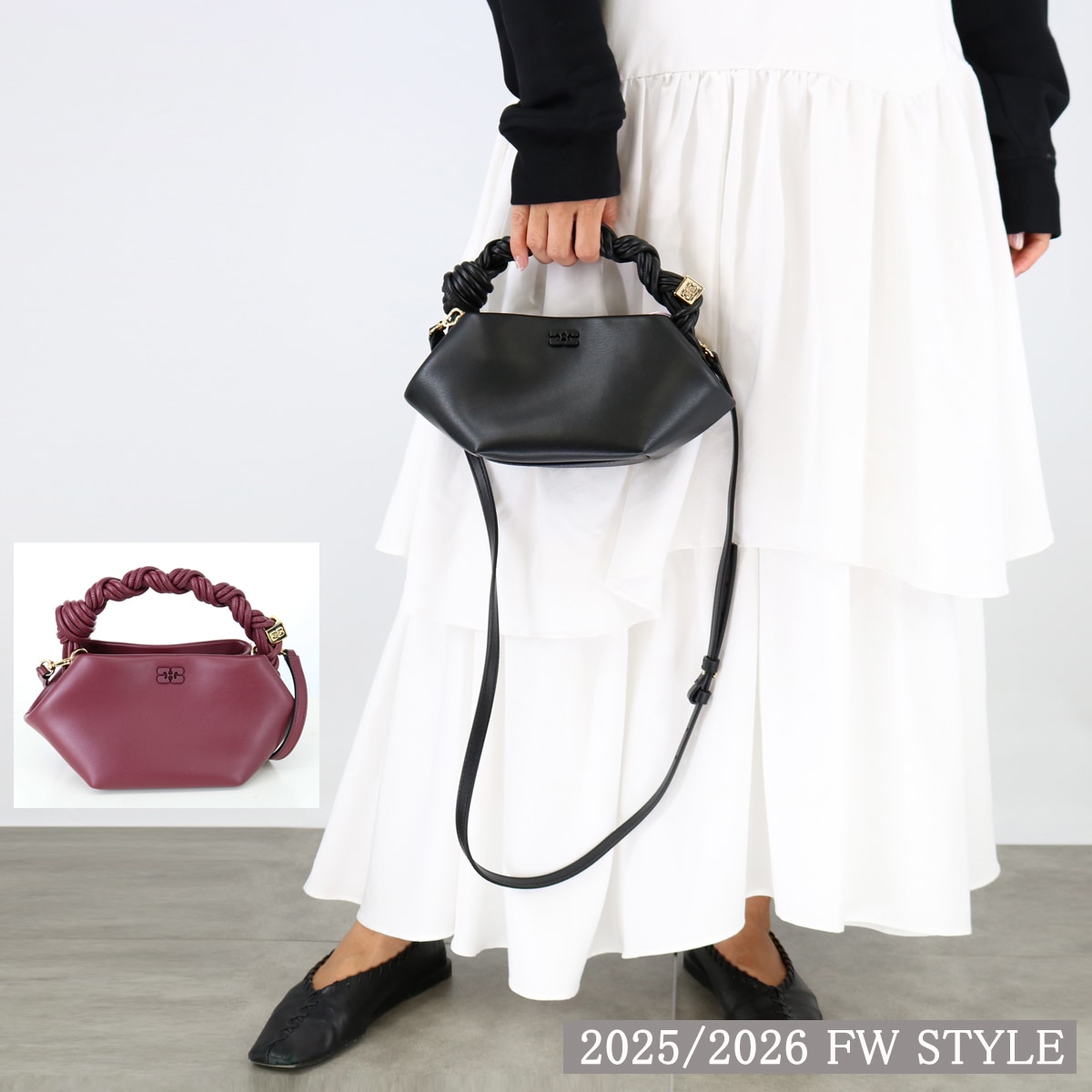 ハンドバッグ BOU BAG MINI A6946 A6947 Black Burgundy ブーバッグミニ ショルダーバッグ リサイクルレザー バタフライロゴ レディース