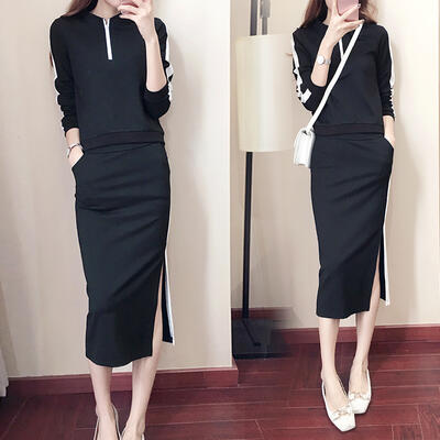 セットアップ レディース カジュアル スポーティー きれいめ おしゃれ 長袖 春 春秋 スカートセット ツーピース ロング丈 ミモレ丈 かっこいい フィット スリム タイト ブラック 黒20代 30代