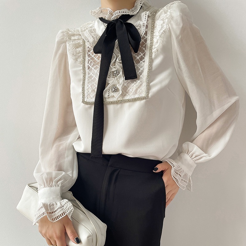 リボントップス リボンブラウス リボンタイ キャンディースリーブ ブラウス 白トップス レース オルチャン フリル ホワイト 韓国 レディース デート 長袖 ハイネック 透け感