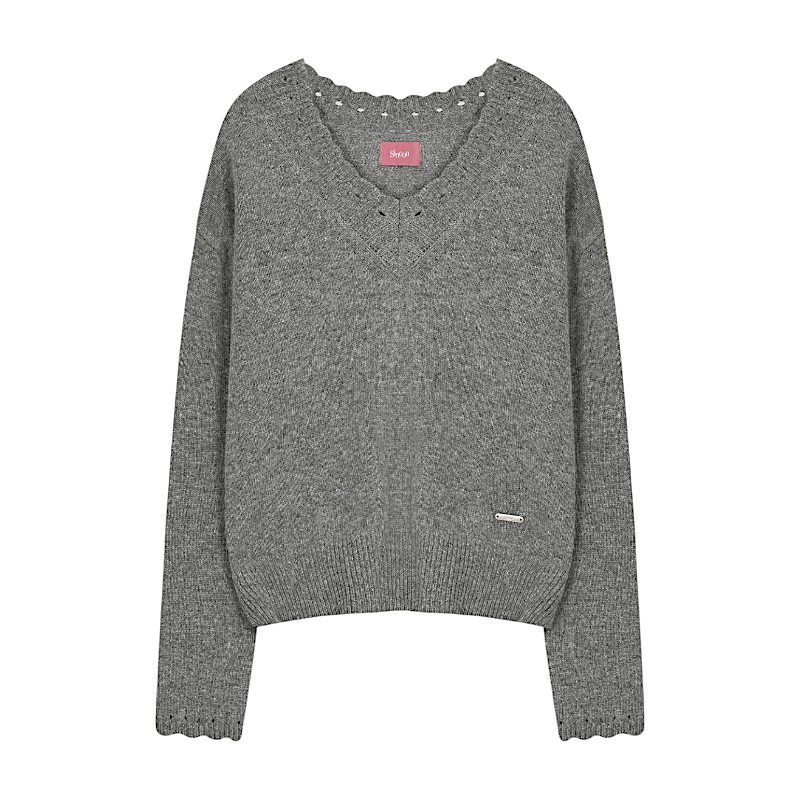 ホタテVネックプルオーバーニット Melange Grey 可愛い ディリーファッション ニット 韓国ファッション 韓国ブランド フリーサイズ