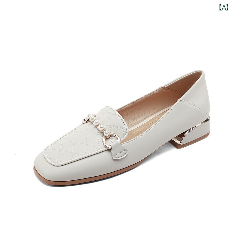 ローファー レディース オフィス 通勤 仕事 パール チェーン 女性 フレンチ スクエアトゥ 太い ヒール スリッポン 革 ローヒールシューズ