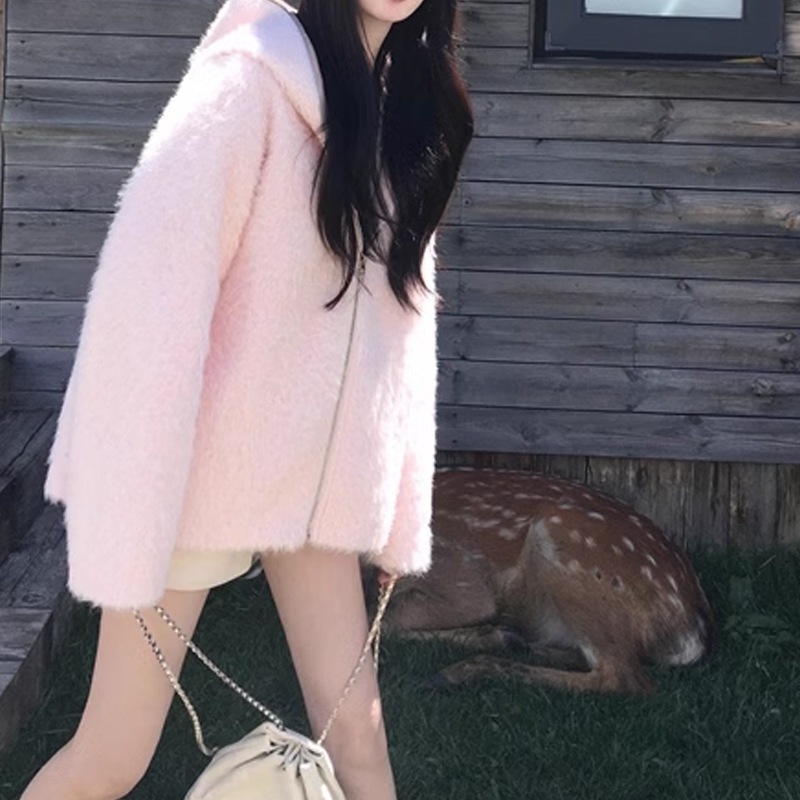 モチモチピンクのフード付きファーコート小柄で甘めな減齢百合カーディガントップス