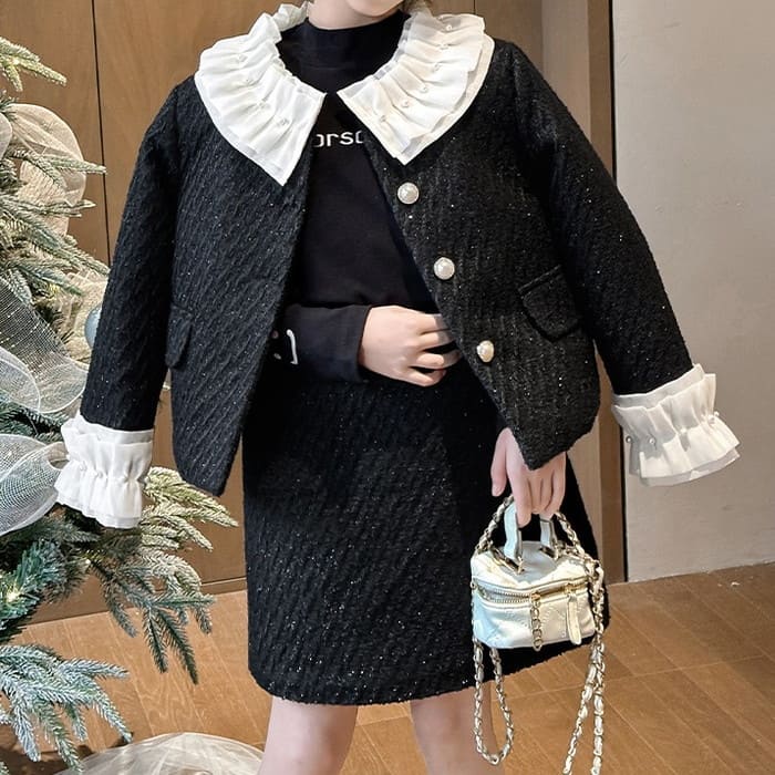 小学生 キッズ 女の子 レースカラー ツイード スカート スーツ フリルカラー 春秋冬 長袖