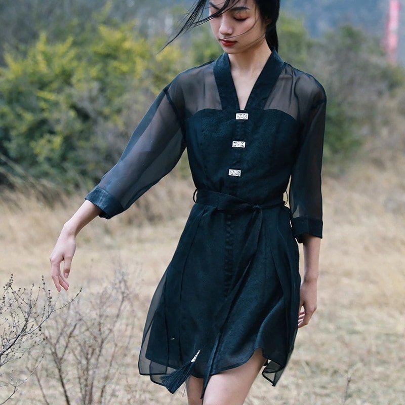 切り替えワンピース オーガンジー ミニワンピース 夏 半袖 Vネック レイヤードワンピース 黒